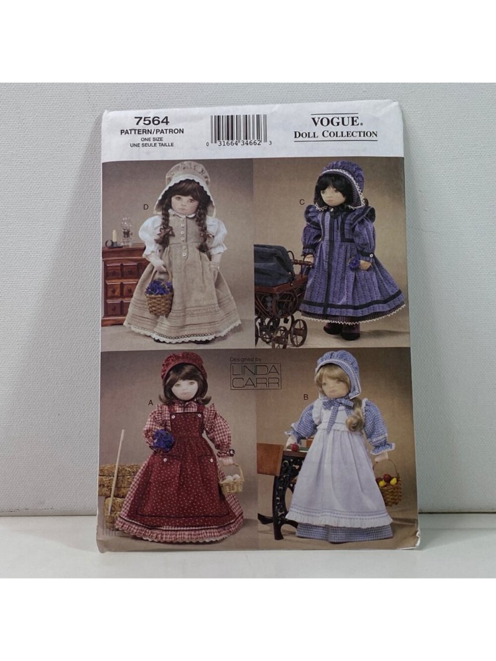 Vogue Sewing Pattern 7564 18 Inch Doll Clothes Prairie Gown Bonnet Uncut Vintage
